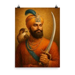 Guru Gobind Singh hawk and sword poster on a plain backdrop in size 8"x10".