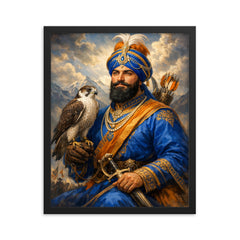 Guru Gobind Singh with falcon and blue robes framed print on a plain backdrop in size 16"x20".