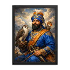Guru Gobind Singh with falcon and blue robes framed print on a plain backdrop in size 18"x24".