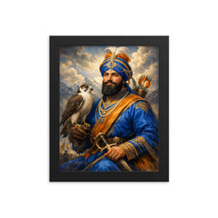 Guru Gobind Singh with falcon and blue robes framed print on a plain backdrop in size 8"x10".