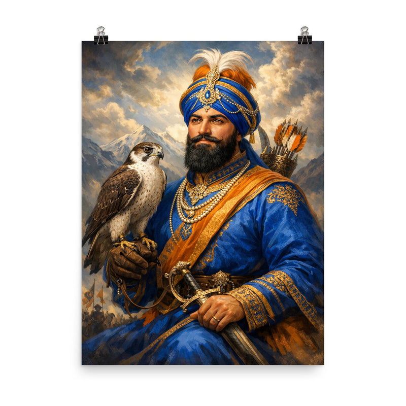 Guru Gobind Singh with falcon and blue robes poster on a plain backdrop in size 8