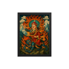 Guru Rinpoche subduing mountain demons framed print on a plain backdrop in size 12"x16".