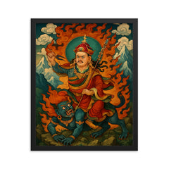 Guru Rinpoche subduing mountain demons framed print on a plain backdrop in size 16"x20".
