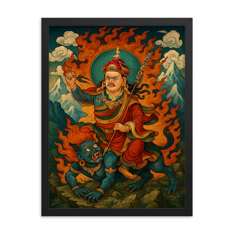 Guru Rinpoche subduing mountain demons framed print on a plain backdrop in size 18