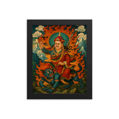 Guru Rinpoche subduing mountain demons framed print on a plain backdrop in size 8"x10".