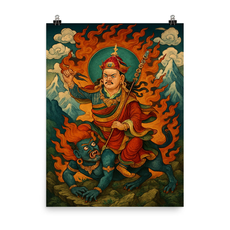 Guru Rinpoche subduing mountain demons poster on a plain backdrop in size 8