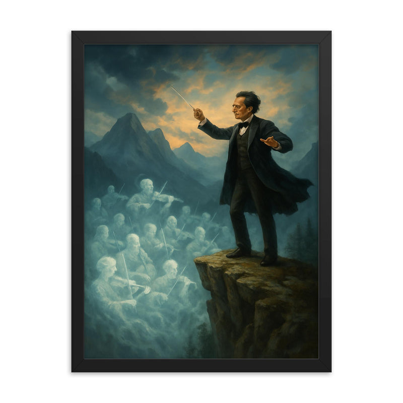 Gustav Mahler alpine cliff conducting a ghost orchestra framed print on a plain backdrop in size 18