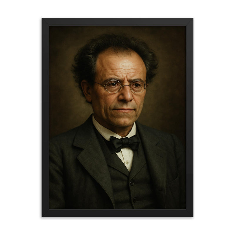 Gustav Mahler portrait framed print on a plain backdrop in size 18