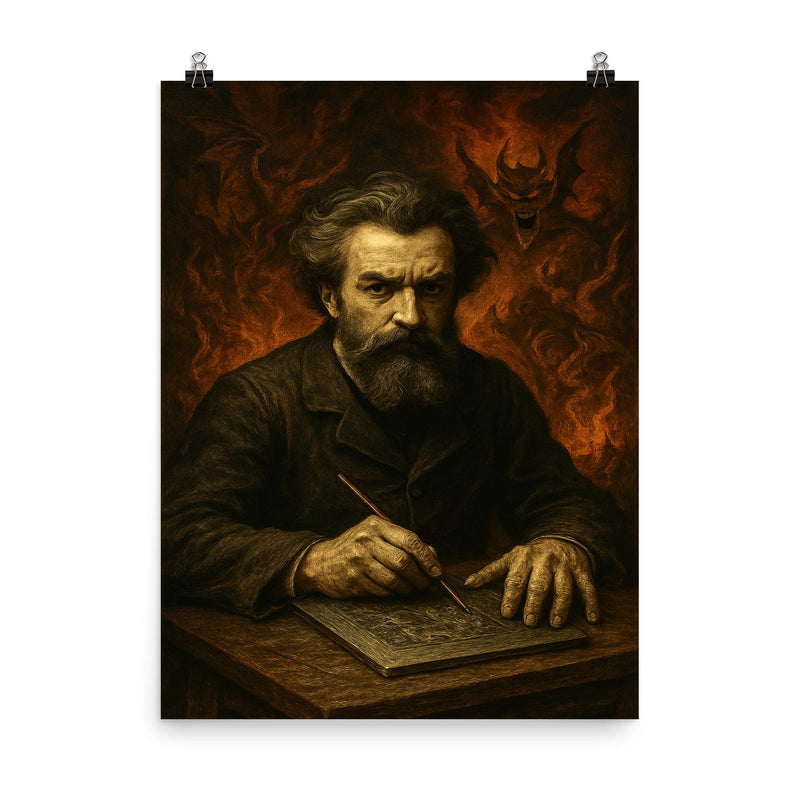 Gustave Doré infernal engraver portrait poster on a plain backdrop in size 8