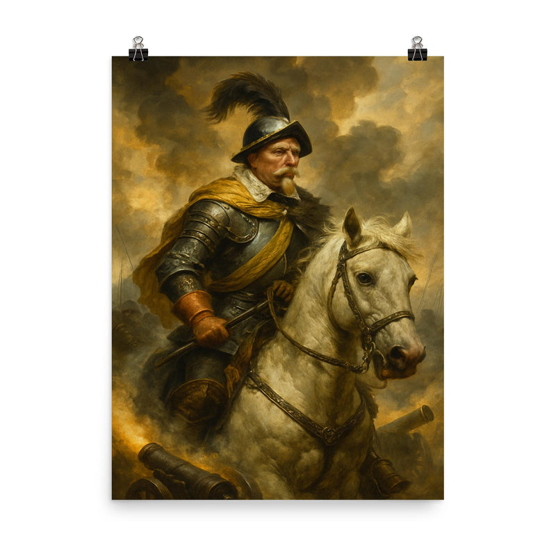 Gustavus Adolphus amid cannon smoke at Lützen poster on a plain backdrop in size 8