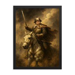Gustavus Adolphus in smoke at Lutzen framed print on a plain backdrop in size 18"x24".