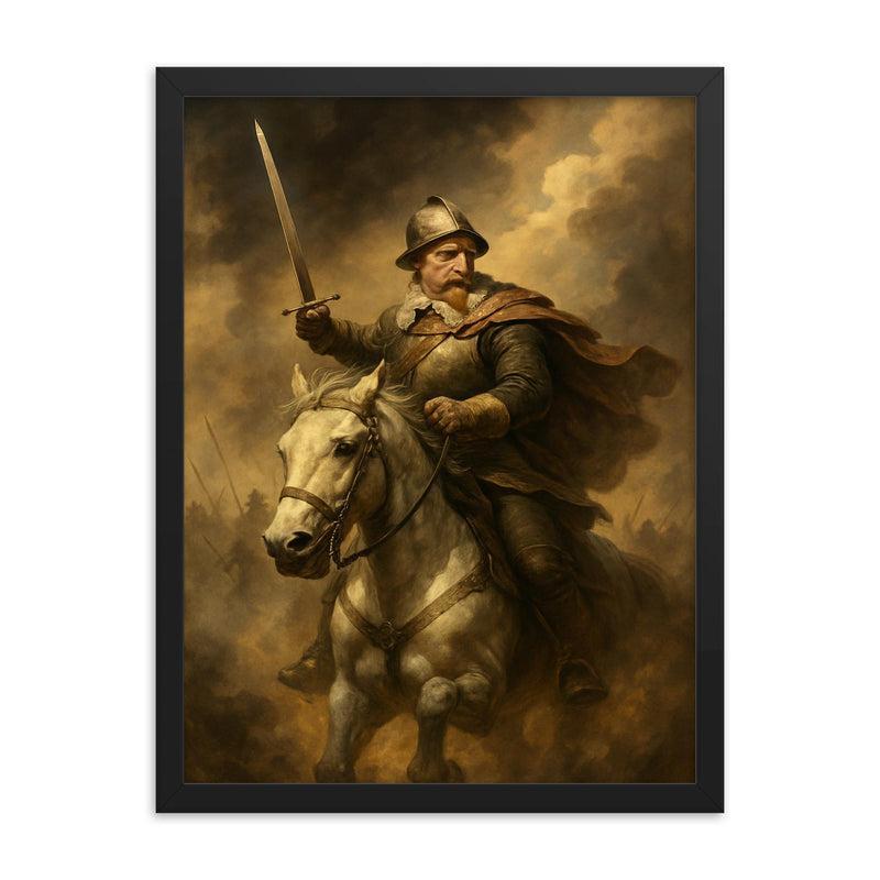 Gustavus Adolphus in smoke at Lutzen framed print on a plain backdrop in size 18