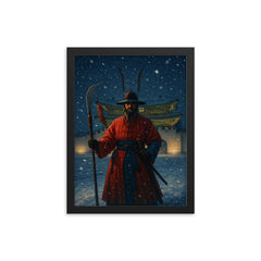 Gyeongbokgung night watch in snowfall framed print on a plain backdrop in size 12"x16".