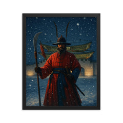 Gyeongbokgung night watch in snowfall framed print on a plain backdrop in size 16"x20".