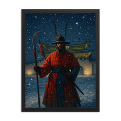 Gyeongbokgung night watch in snowfall framed print on a plain backdrop in size 18"x24".