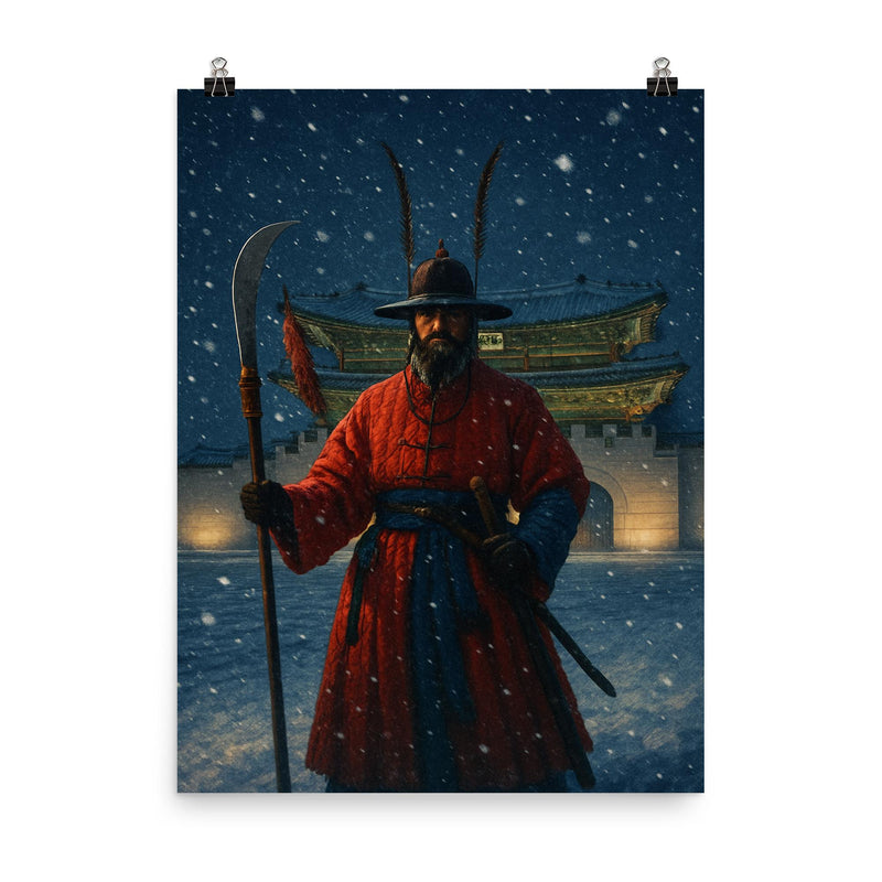 Gyeongbokgung night watch in snowfall poster on a plain backdrop in size 8