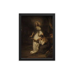 Hagar and the Angel by Carel Fabritius framed print on a plain backdrop in size 12"x16".