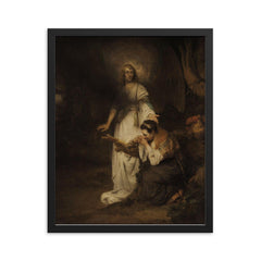 Hagar and the Angel by Carel Fabritius framed print on a plain backdrop in size 16"x20".