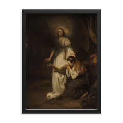 Hagar and the Angel by Carel Fabritius framed print on a plain backdrop in size 18"x24".