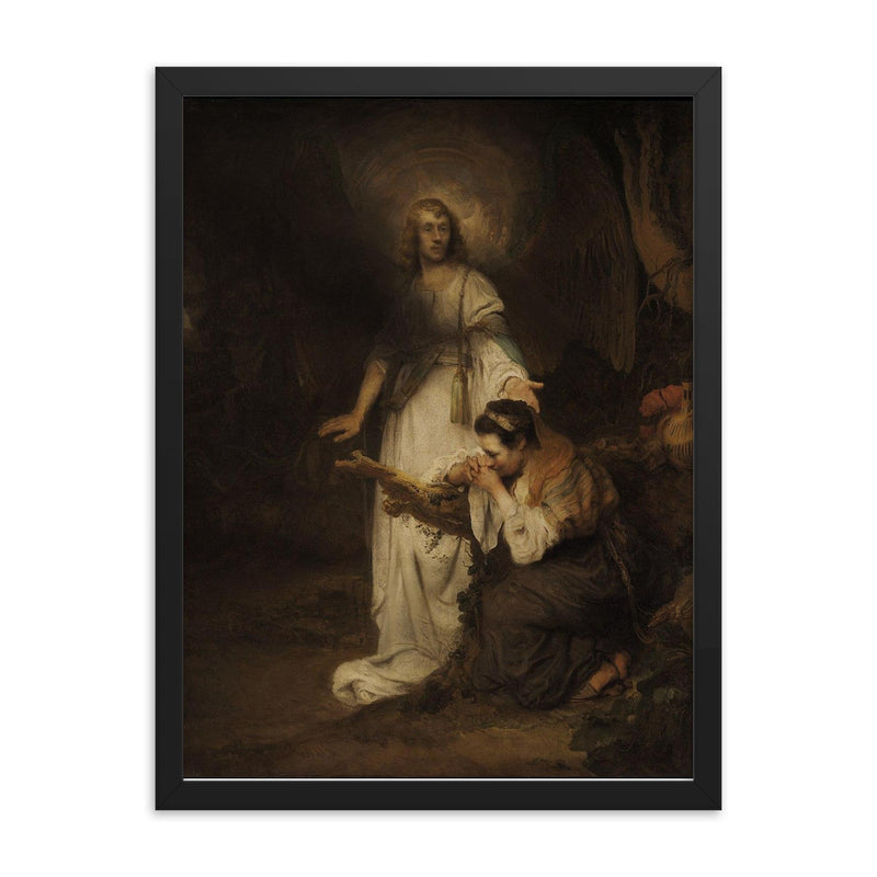 Hagar and the Angel by Carel Fabritius framed print on a plain backdrop in size 18