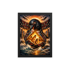 Haida raven opening the shell of humans framed print on a plain backdrop in size 12"x16".