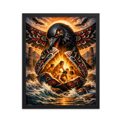 Haida raven opening the shell of humans framed print on a plain backdrop in size 16"x20".