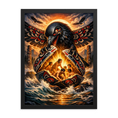 Haida raven opening the shell of humans framed print on a plain backdrop in size 18"x24".