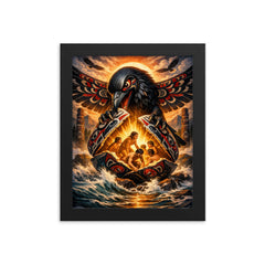 Haida raven opening the shell of humans framed print on a plain backdrop in size 8"x10".