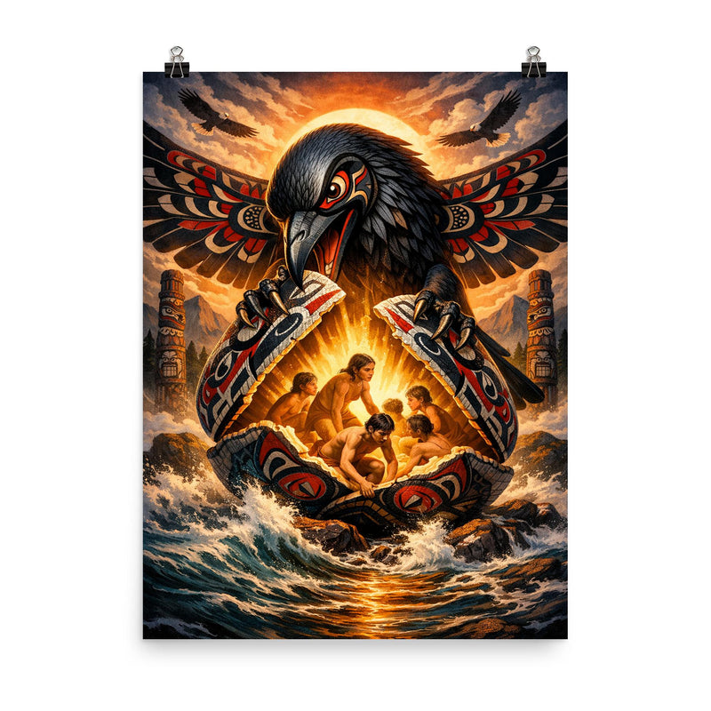 Haida raven opening the shell of humans poster on a plain backdrop in size 8