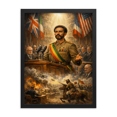 Haile Selassie before the League of Nations framed print on a plain backdrop in size 18"x24".