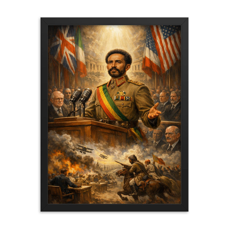 Haile Selassie before the League of Nations framed print on a plain backdrop in size 18
