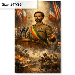 Haile Selassie before the League of Nations metal print on a plain backdrop in size 24"x36".