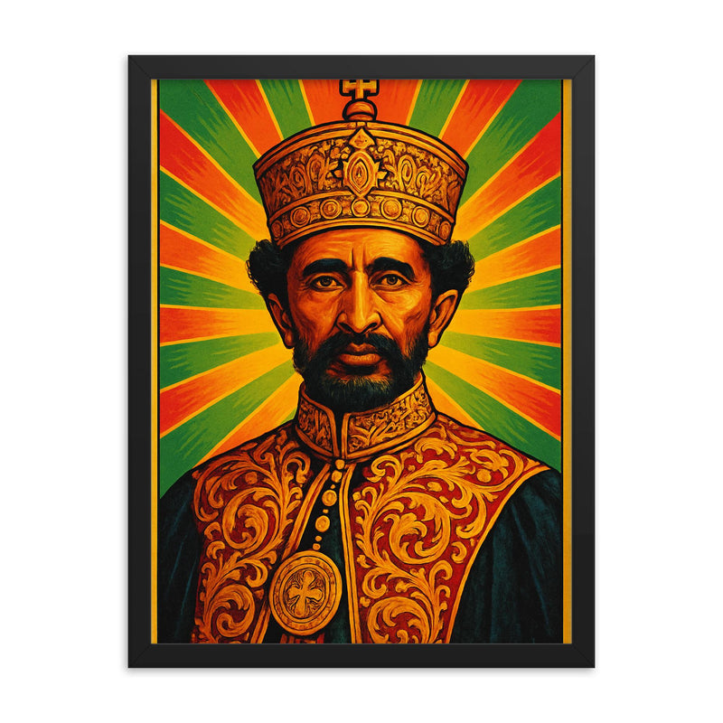 Haile Selassie framed print on a plain backdrop in size 18
