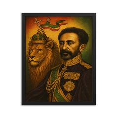 Haile Selassie lion standard portrait framed print on a plain backdrop in size 16"x20".