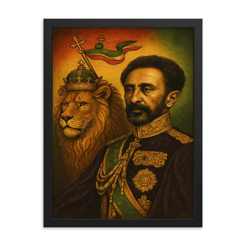 Haile Selassie lion standard portrait framed print on a plain backdrop in size 18