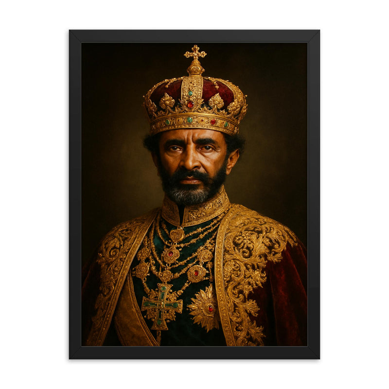 Haile Selassie regal framed print on a plain backdrop in size 18