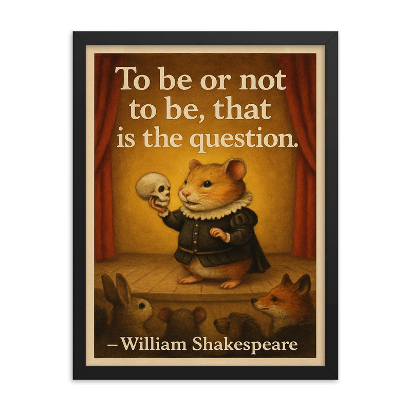 Hamlet hamster holding skull on stage with animal audience framed print on a plain backdrop in size 18