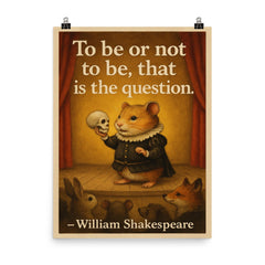 Hamlet hamster holding skull on stage with animal audience poster on a plain backdrop in size 8"x10".
