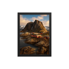 Hamnoy and Reinefjord Peaks Lofoten Norway framed print on a plain backdrop in size 12"x16".