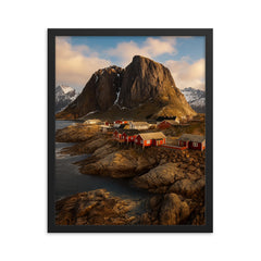 Hamnoy and Reinefjord Peaks Lofoten Norway framed print on a plain backdrop in size 16"x20".