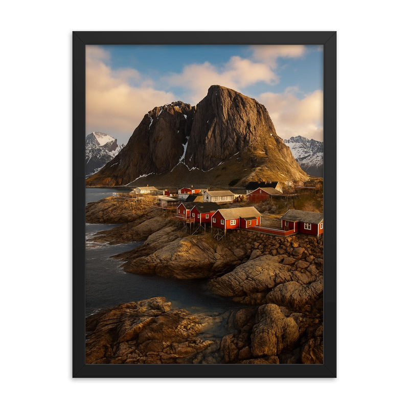 Hamnoy and Reinefjord Peaks Lofoten Norway framed print on a plain backdrop in size 18