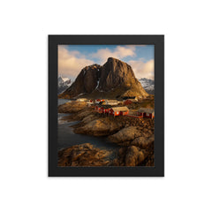 Hamnoy and Reinefjord Peaks Lofoten Norway framed print on a plain backdrop in size 8"x10".