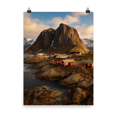 Hamnoy and Reinefjord Peaks Lofoten Norway poster on a plain backdrop in size 8"x10".
