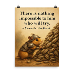 Hamster in armor moving sunflower seeds with Alexander the Great quote poster poster on a plain backdrop in size 8"x10".