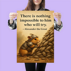 Hamster in armor moving sunflower seeds with Alexander the Great quote poster poster 3