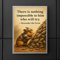 Hamster in armor moving sunflower seeds with Alexander the Great quote poster poster 5