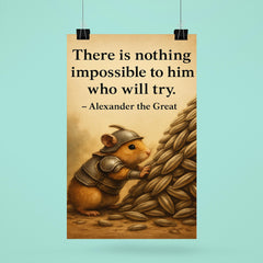Hamster in armor moving sunflower seeds with Alexander the Great quote poster poster 6