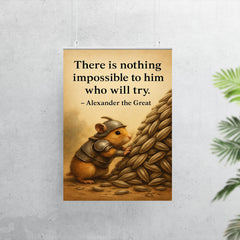 Hamster in armor moving sunflower seeds with Alexander the Great quote poster poster 7