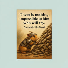 Hamster in armor moving sunflower seeds with Alexander the Great quote poster poster 8