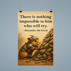 Hamster in armor moving sunflower seeds with Alexander the Great quote poster poster 9